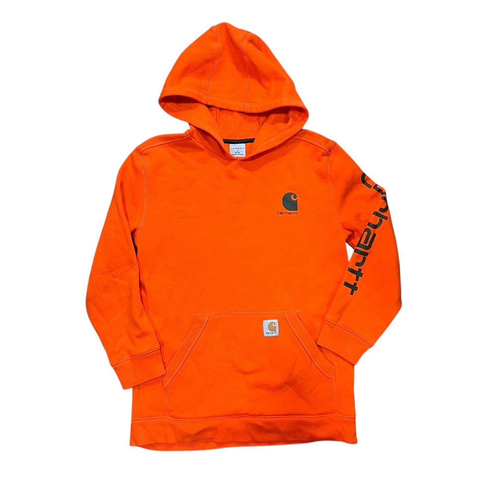 Kids Carhartt Orange Hoodie Pullover‎ Sweatshirt Logo Size L 14-16 A4